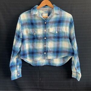 American Eagle Flannel Womens XS Blue Plaid Cropped Button Up Long Sleeve